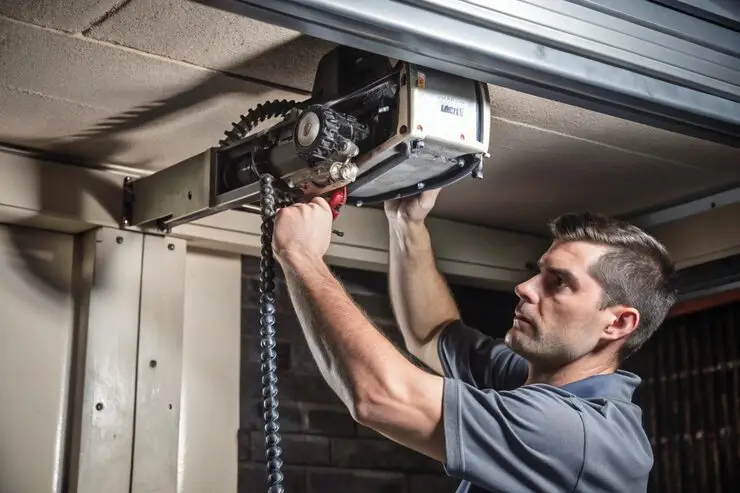 technician-fixing-garage-door-motor-adjusting-chain-mechanism-with-partially-raised-door-lift-gate-master